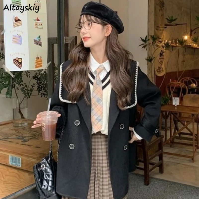 

Preppy Style Blends Wool Coats Women Winter Black Classic Double Breasted Sweet Loose Chic Casual School Students Sailor Collar