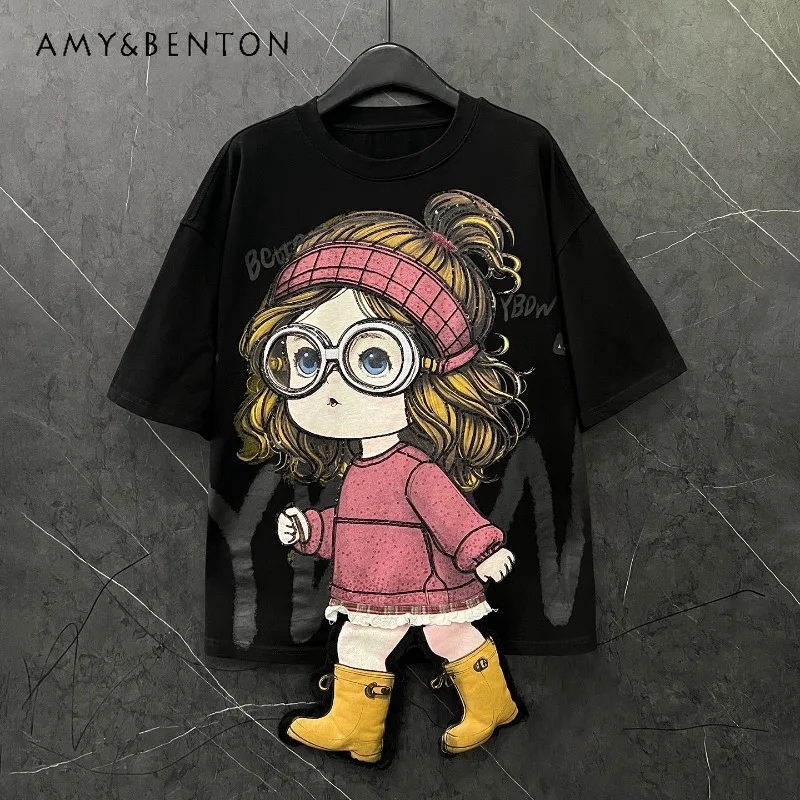 

Футболка женская с 3D-дизайном, мультяшная, с изображением милой девочки, омолаживающая, с коротким рукавом, весна-лето 2026, свободный повседневный стиль, топ
