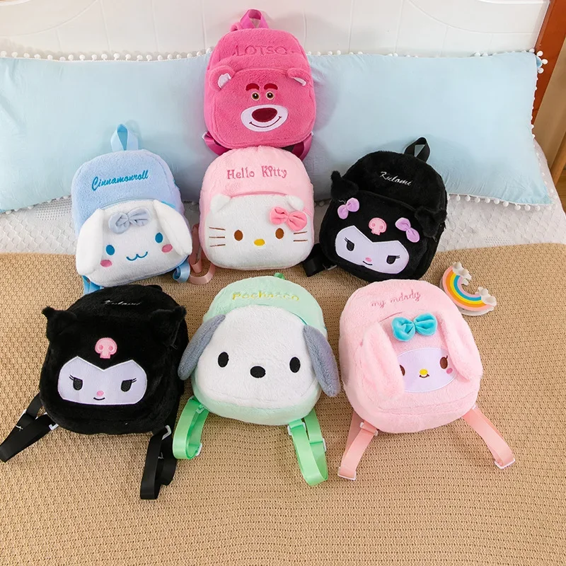 Sanrio Cartoon Plush School Bag Hello Kitty Kuromi Cinnamoroll Melody Outdoor Portable Travel Student Backpack Cosmetic Bag Gift