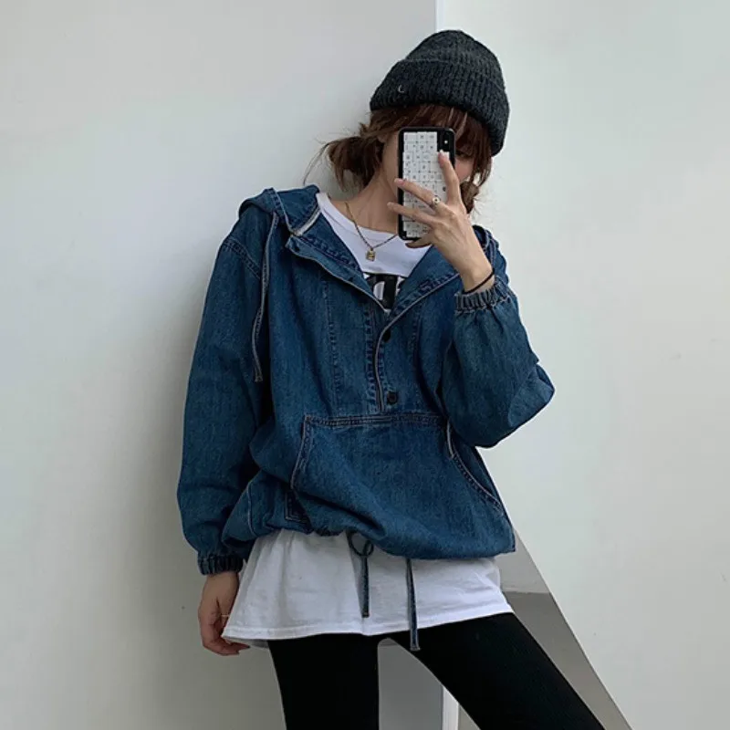 Nomikuma Jeans Kapuzen pullover 2023 Herbst lässig Langarm Frauen Hoody koreanische Kordel zug Tasche Denim Hoodie Pullover 6 c511