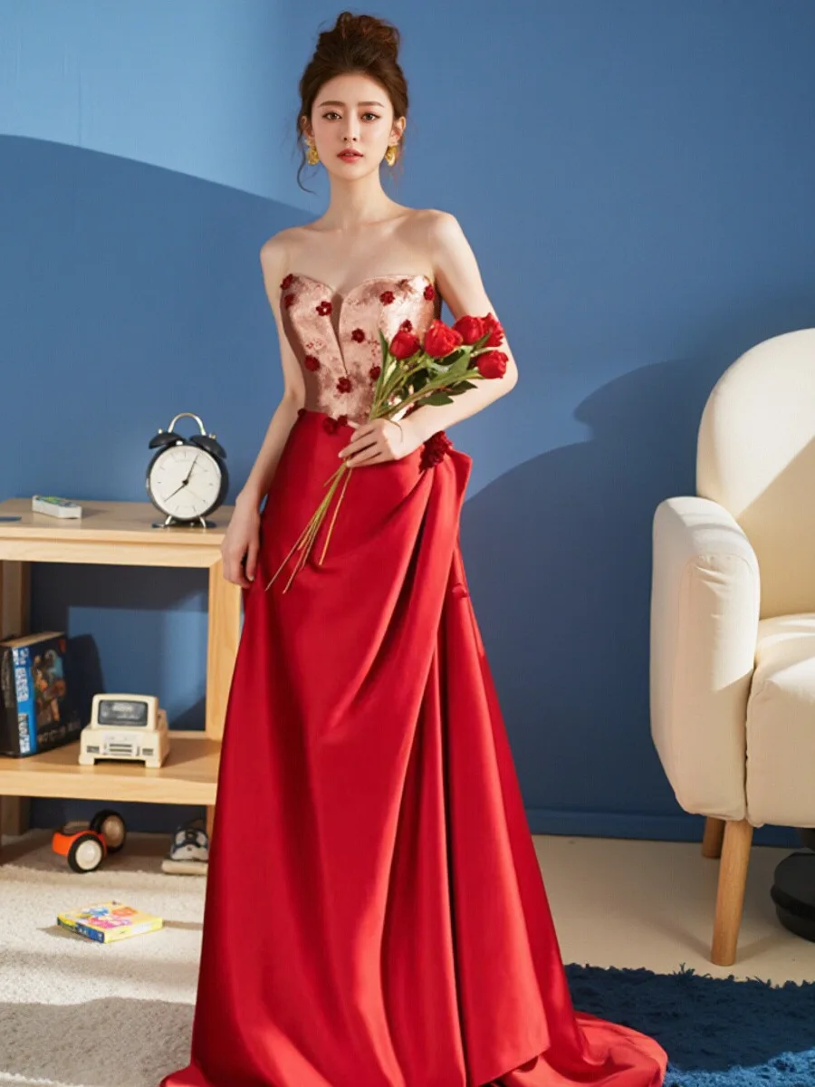 

Ele Bridal Gown with Train for Wedding Engagement Parties Cany Year End Celebration Handmade Flowers mid Waist