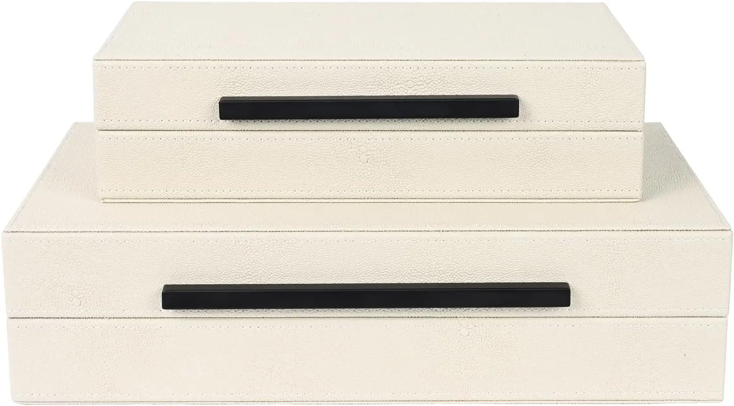 

Beige Shagreen Decorative Storage Boxes – Set of 2 Faux Leather Jewelry & Memory Boxes with Black Metal Handles, Nestin