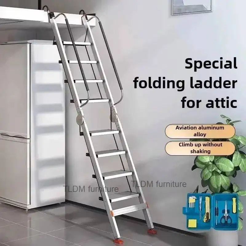 Herringbone Aluminum Alloy Ladder Folding Attic Multi-functional Ladder Home Telescopic with Thickened Handrail Staircase