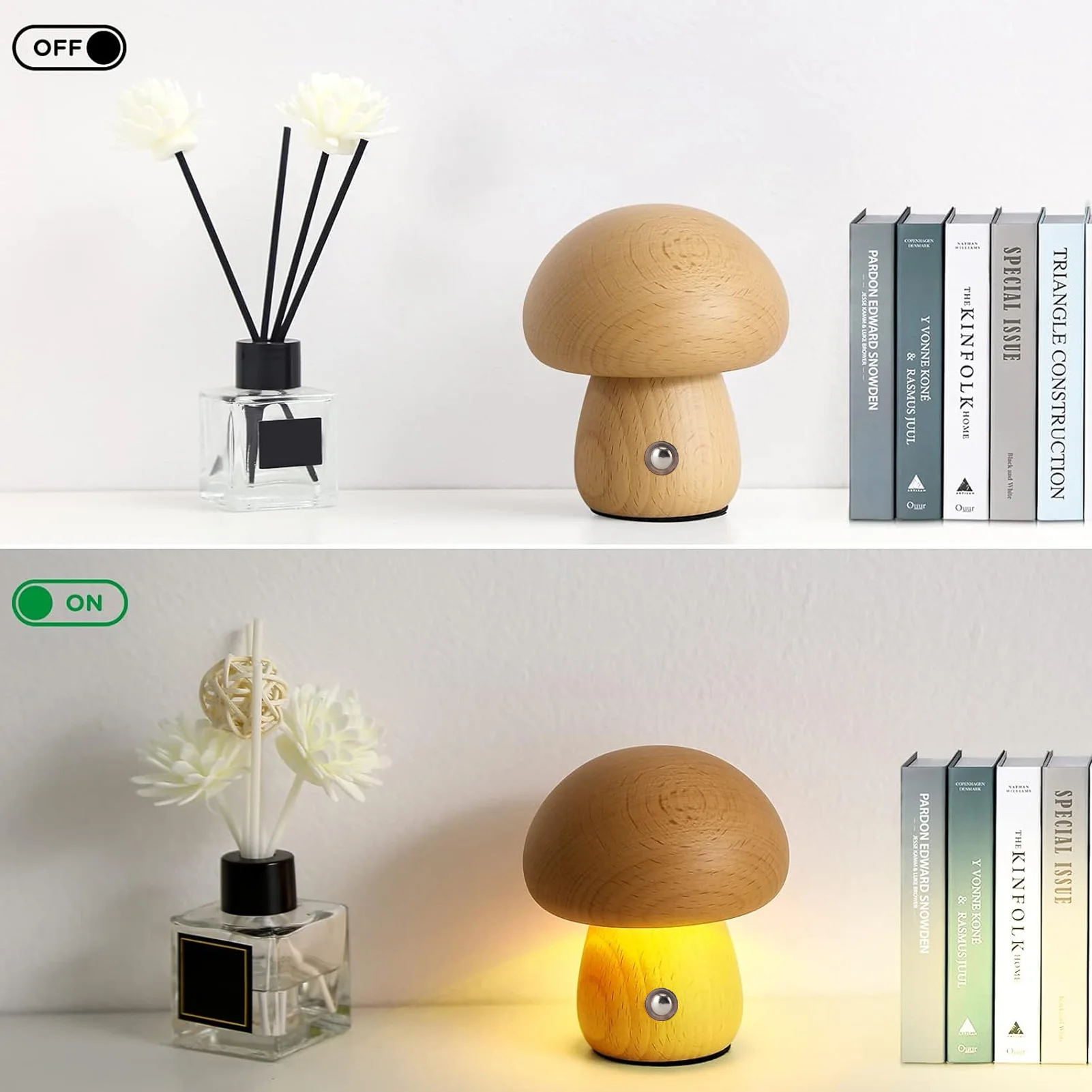 Wood Mushroom Lamp DC Charging Cordless Bedside Touch Night Lights Portable Dimmable Table Light for Bedroom Nightstand Decor