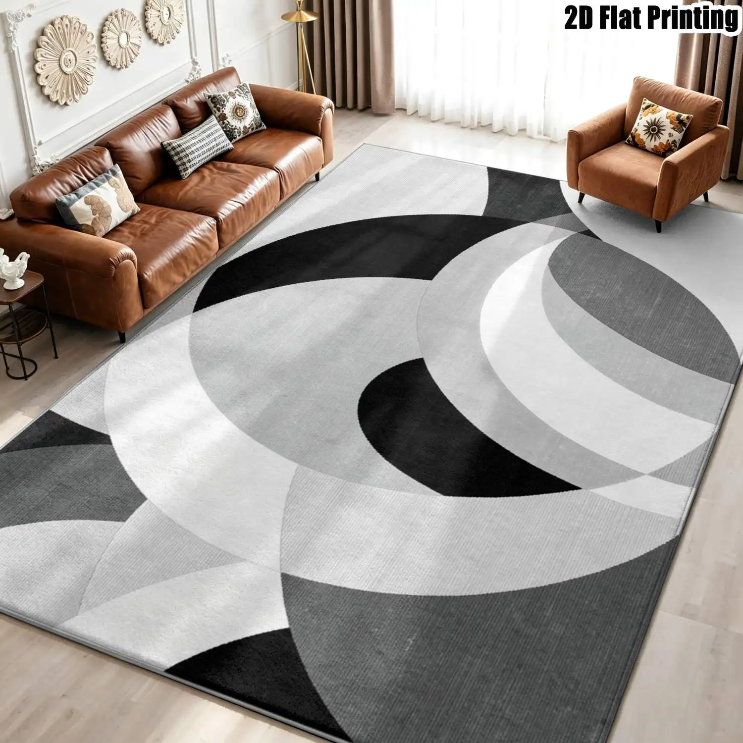 1Pc 2D Printed Carpet: Black, White, Gray Geometric Abstract Pattern, Nordic/Instagram Style, Modern Minimalist, Home Decor, Multi-Size, Machine Washable, Suitable for Entrance, Dining, Foyer, Bedroom, Living Room