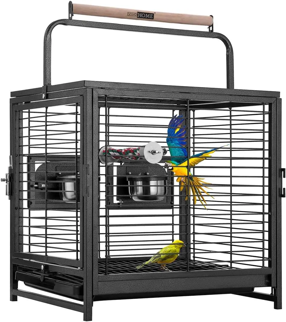 19 Inch Wrought Iron Bird Travel Carrier Cage For Parrots Conures Lovebird Cockatiel Parakeets Black