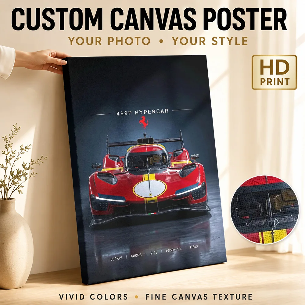 Sleek race supercar 499P Hypercar car Canvas Poster Customized Retro Automotive Wall Paintings Decoration for Office Game Room