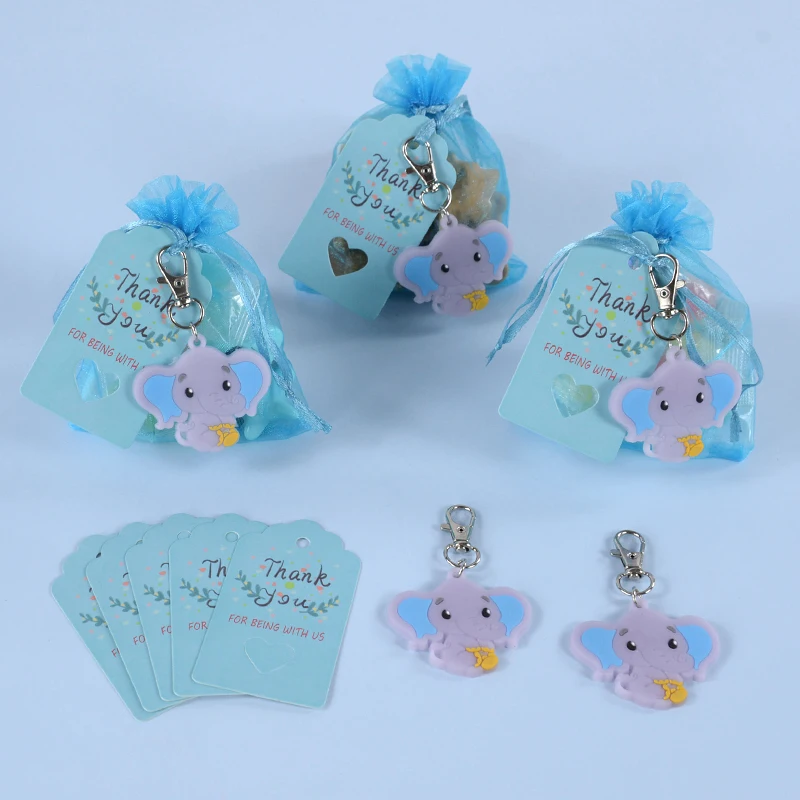 10-30pcs Elephant Keychain Organza Bags Baby Shower Souvenirs Gifts with Thank You Tags Kids Birthday Party Favors for Guests