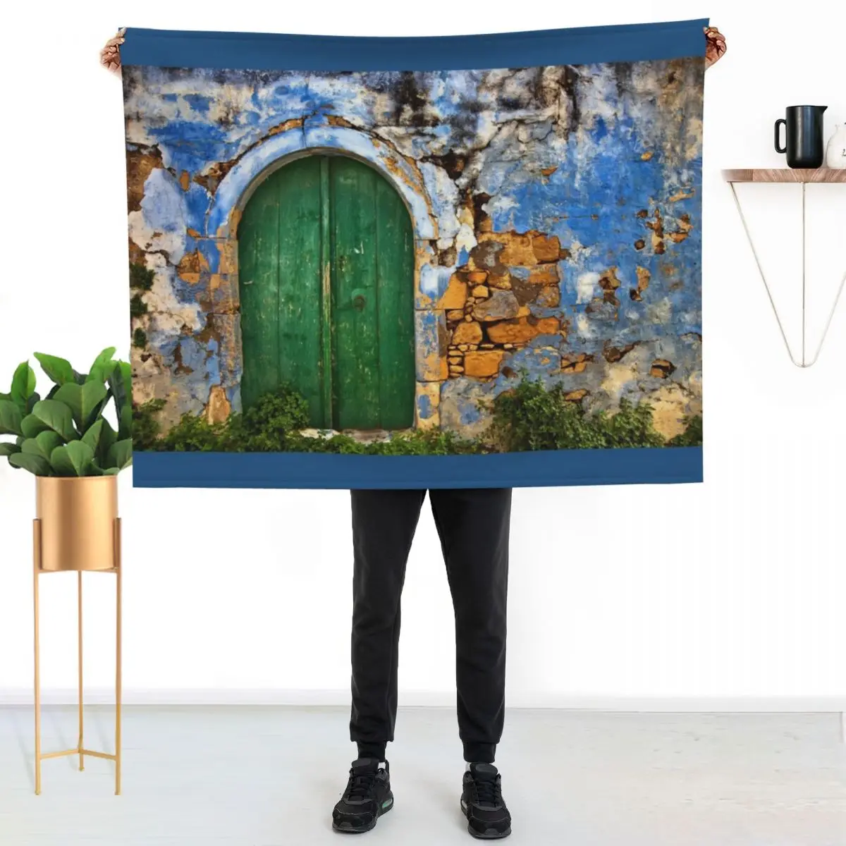 Green door, peeled indigo wall Throw Blanket Thins Cute Tourist Flannels Loose Blankets