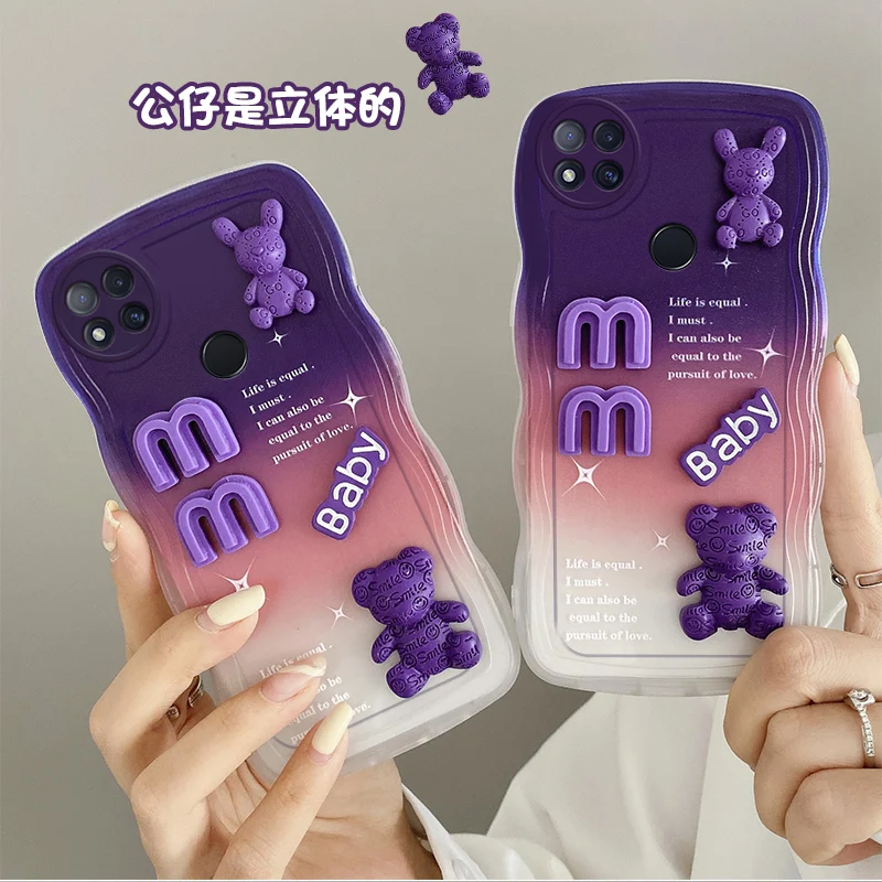 Funda de teléfono de silicona de lujo con dibujos animados de oso y conejo, muñeca bonita a la moda en 3D para Xiaomi Redmi 9 9C, funda trasera de pulsera