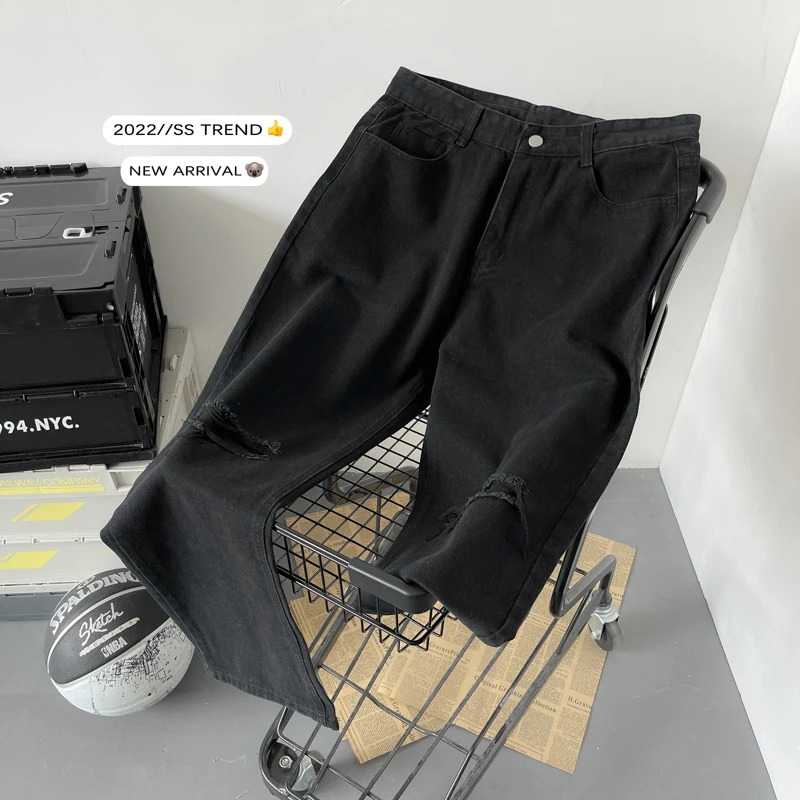 

Summer Thin Men's Jeans Loose Straight Leg Denim Pants Casual Wide Leg Trousers Trendy Hole Design Long Pants for Teens