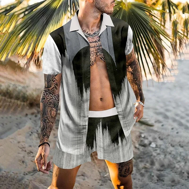 

MB5-MA1 Checkered Print New Plant Leaves 2024 Men's Short Sleeved Shirt Shorts Seaside Travel Summer Short Sleeved Shorts Set