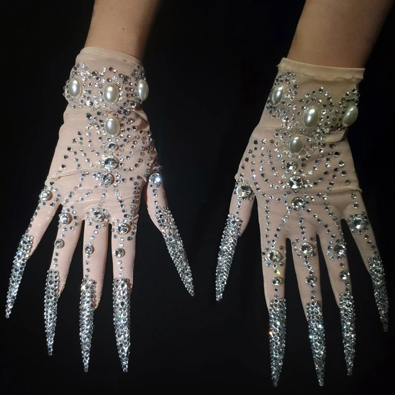 Guantes de perlas de diamantes de imitación AB para mujer, lujosos guantes de uñas de longitud grande, traje de Drag Queen, accesorios de actuación