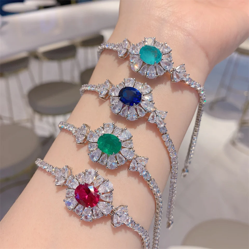 

Colored Gemstone Bracelets Flower Shape Luxury Inlaid Hand Jewelry Main Stone 8*10 Oval Diamond Inlaid Stainless Steel Bracelet