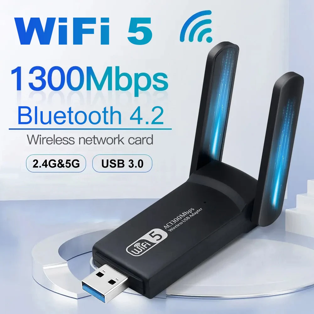 USB 3.0 WiFi Adapter 1300Mbps For Bluetooth 4.2 Dual Band 2.4G/5GHz USB Network Card Wireless Wi Fi Receiver For Desktop Laptop