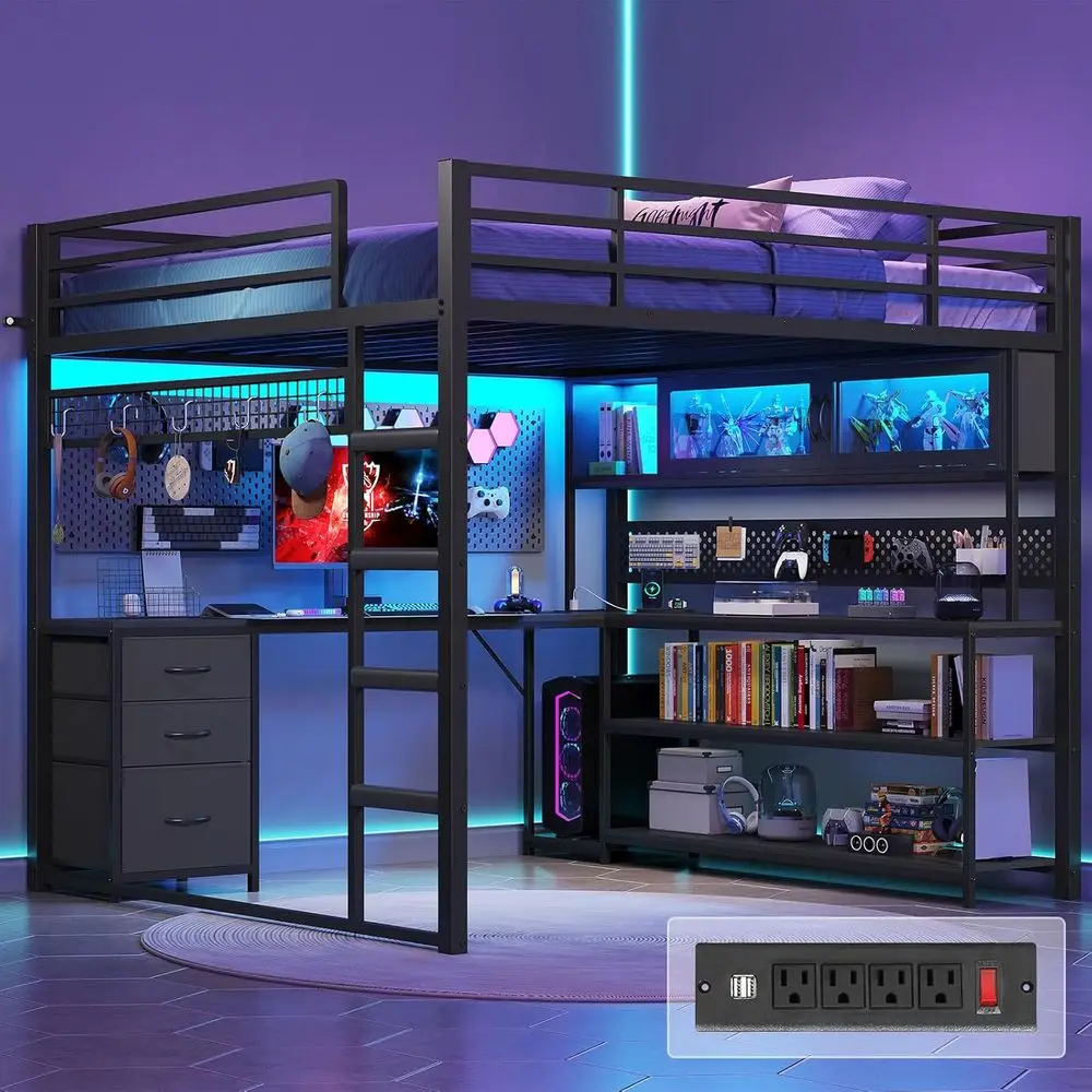 

Игровая кровать-стол L-образной формы с акриловым RGB-шкафом, безопасной розеткой, металлическим каркасом, выдвижными ящиками для хранения, защитным бортиком, идеально подходит для Т-образной зоны размещения.