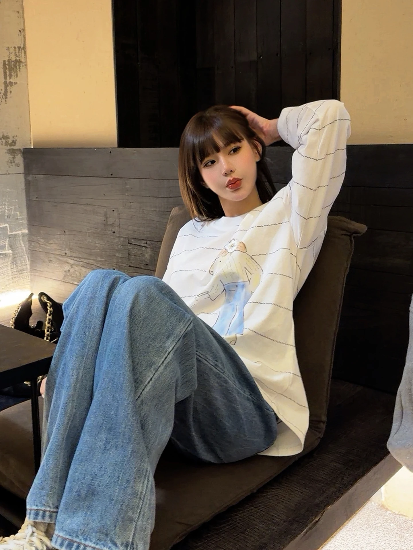 

ASBR Salt Blue Wide Leg Jeans Slimming Lengthening Versatile Spring New Style Ladies Comfortable Breathable Cotton Denim