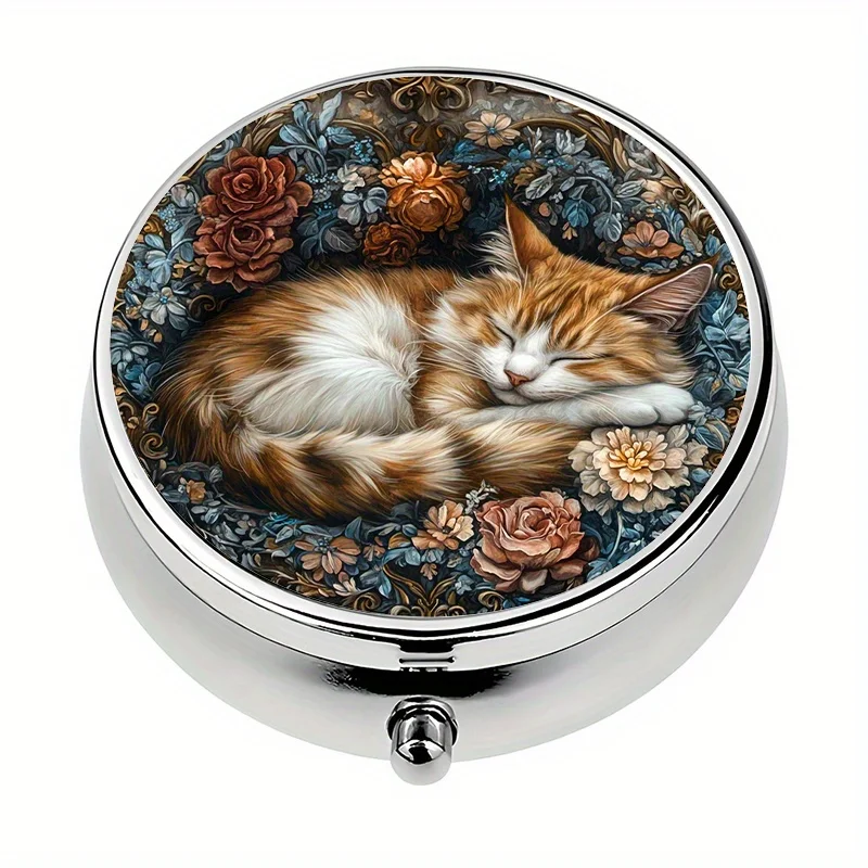 1 vintage floral cat-themed pill box with 3 compartments, mini pill container, pill organizer, decorative metal storage box for storing medication and vitamins