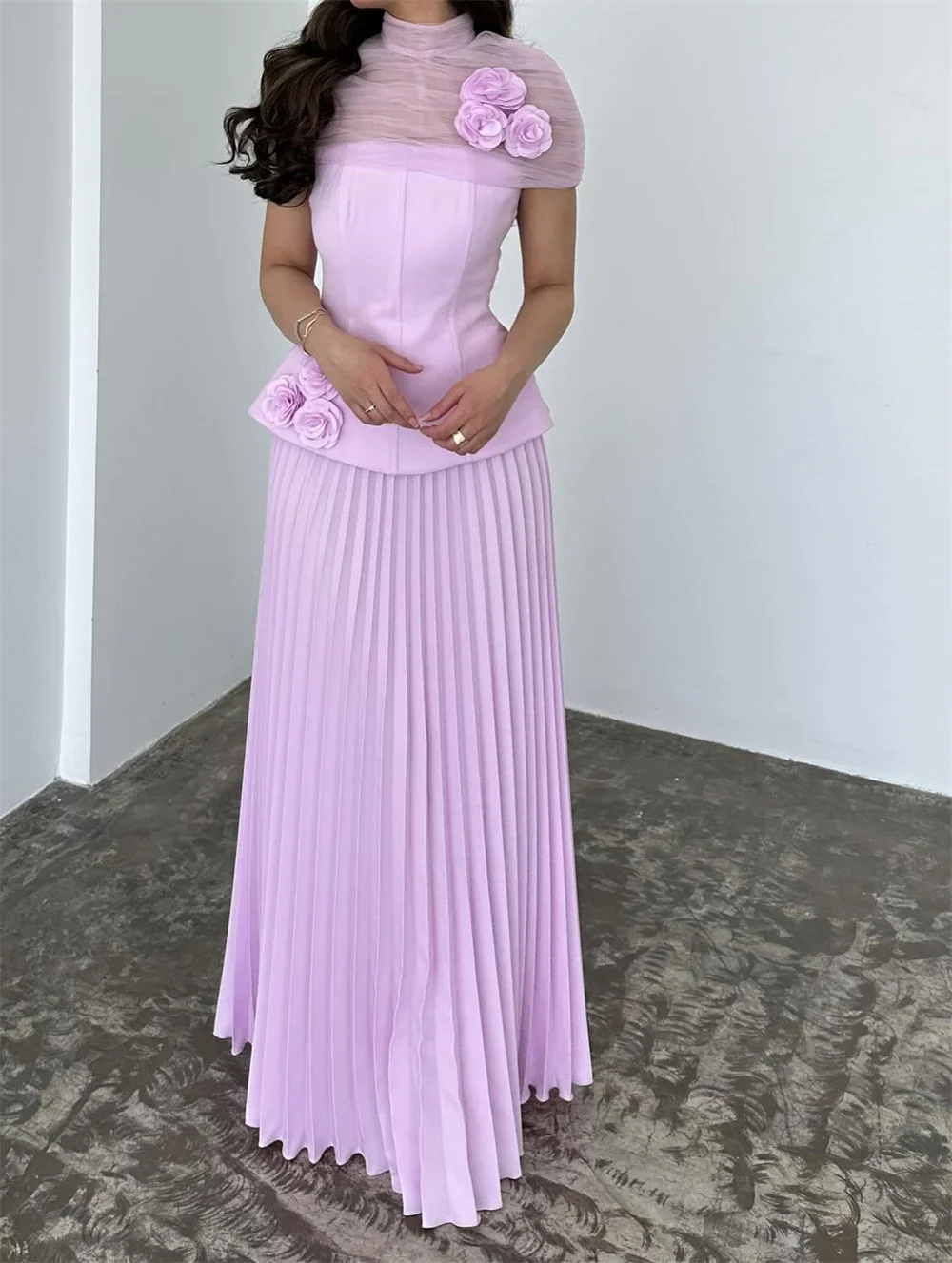 Szyfonowa fioletowa narzutka na sukienkę balową z kwiatami 3D, plisowana suknia ślubna w kształcie litery A, długa do podłogi, bez ramiączek, formalna suknia wieczorowa 2025