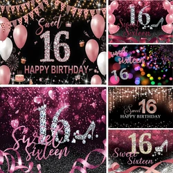 Happy 16th Birthday Party Decoration Backdrop Banner 16 Years Old Red Black Balloon Diamonds Photography Background for Girls