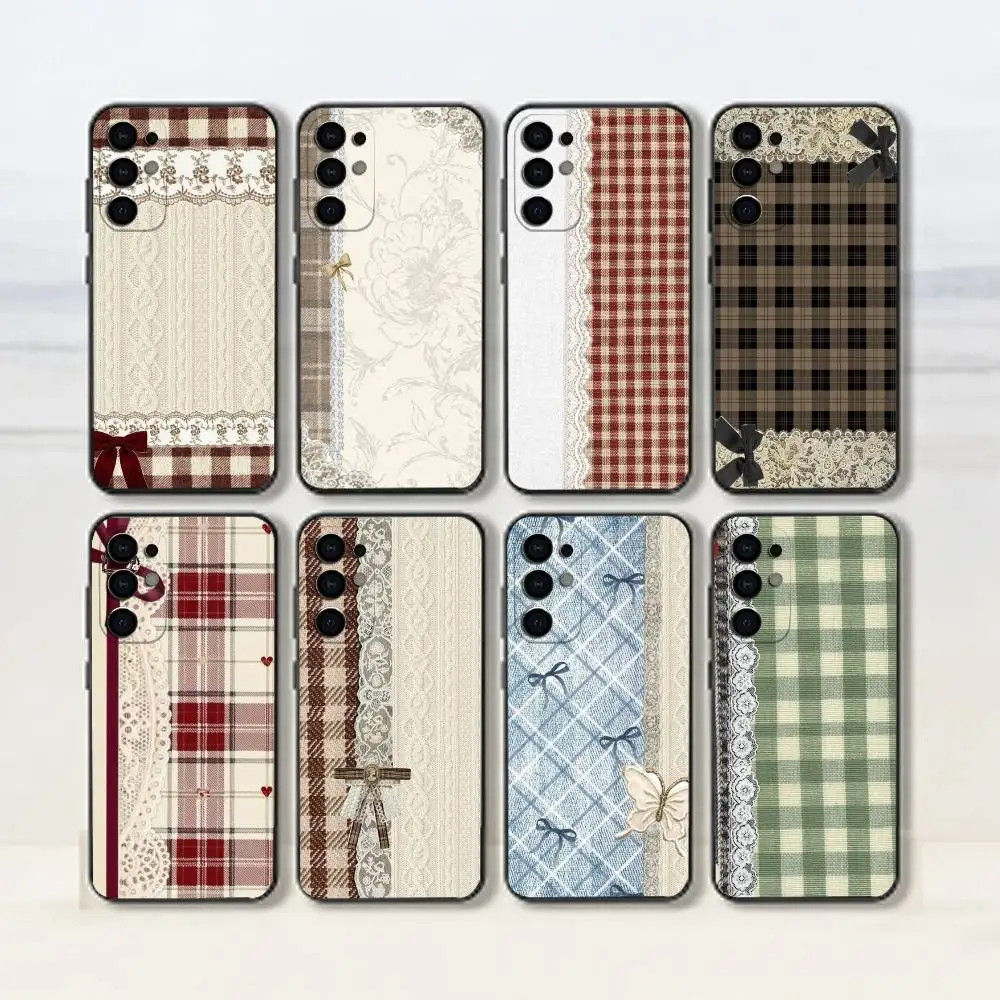 Lace patchwork grid   Phone Case Black Silicone Soft For Samsung S25,S24,S21,S22,S23,S30,Ultra,S20,Plus,Fe,Lite