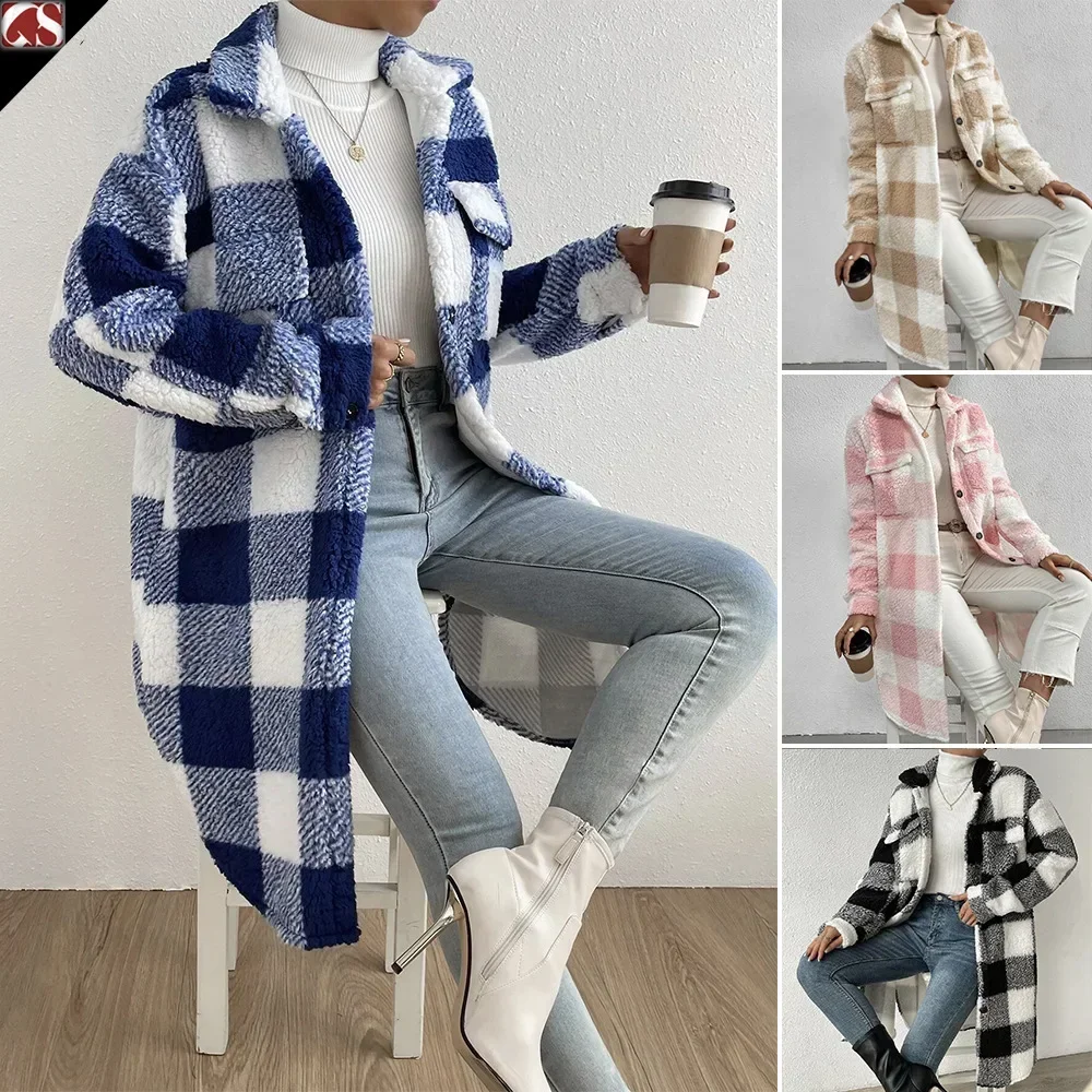 Europe, America, autumn and winter open lapel plush plaid jacket loose temperament commuter long coat women