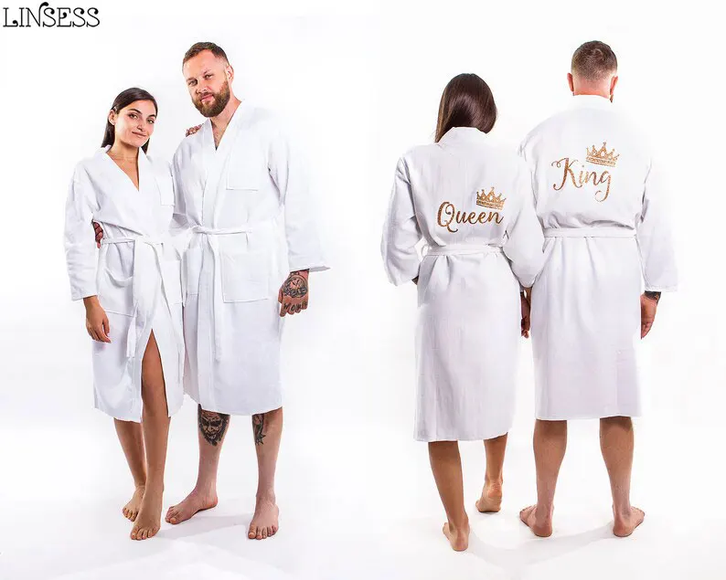 Conjunto de albornoces de algodón gofrado para pareja, batas de baño Mr y Mrs de 2 piezas, bata de baño blanca gofres King Queen de invierno, Kimono