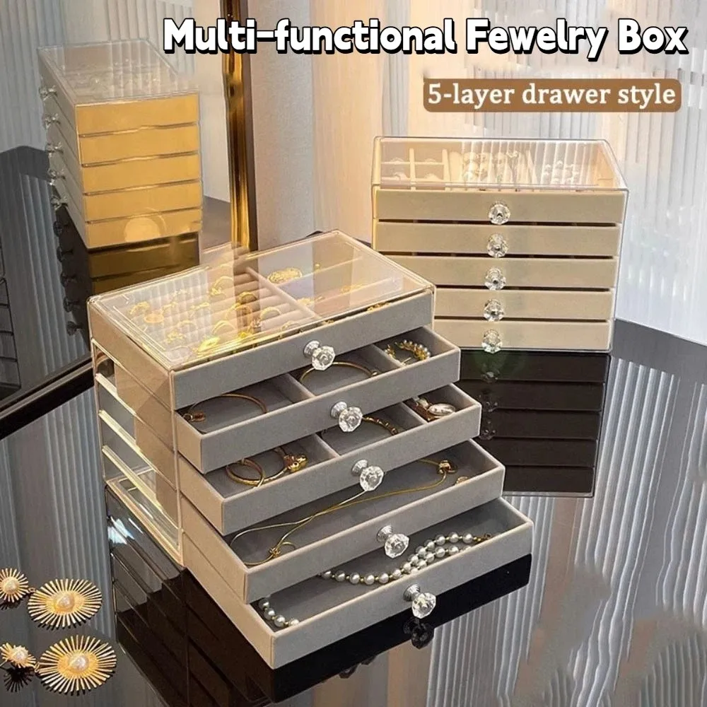 

Large Capacity Velvet Jewelry Box Earrings Necklaces Transparent Drawer Storage Holder Rings Bracelets Multi-layer