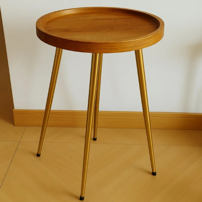 

Elegant Natural Oak Coffee Table, Golden Frame Side Table, Round End Table for Bedroom Nightstand, Living Room or Balcony