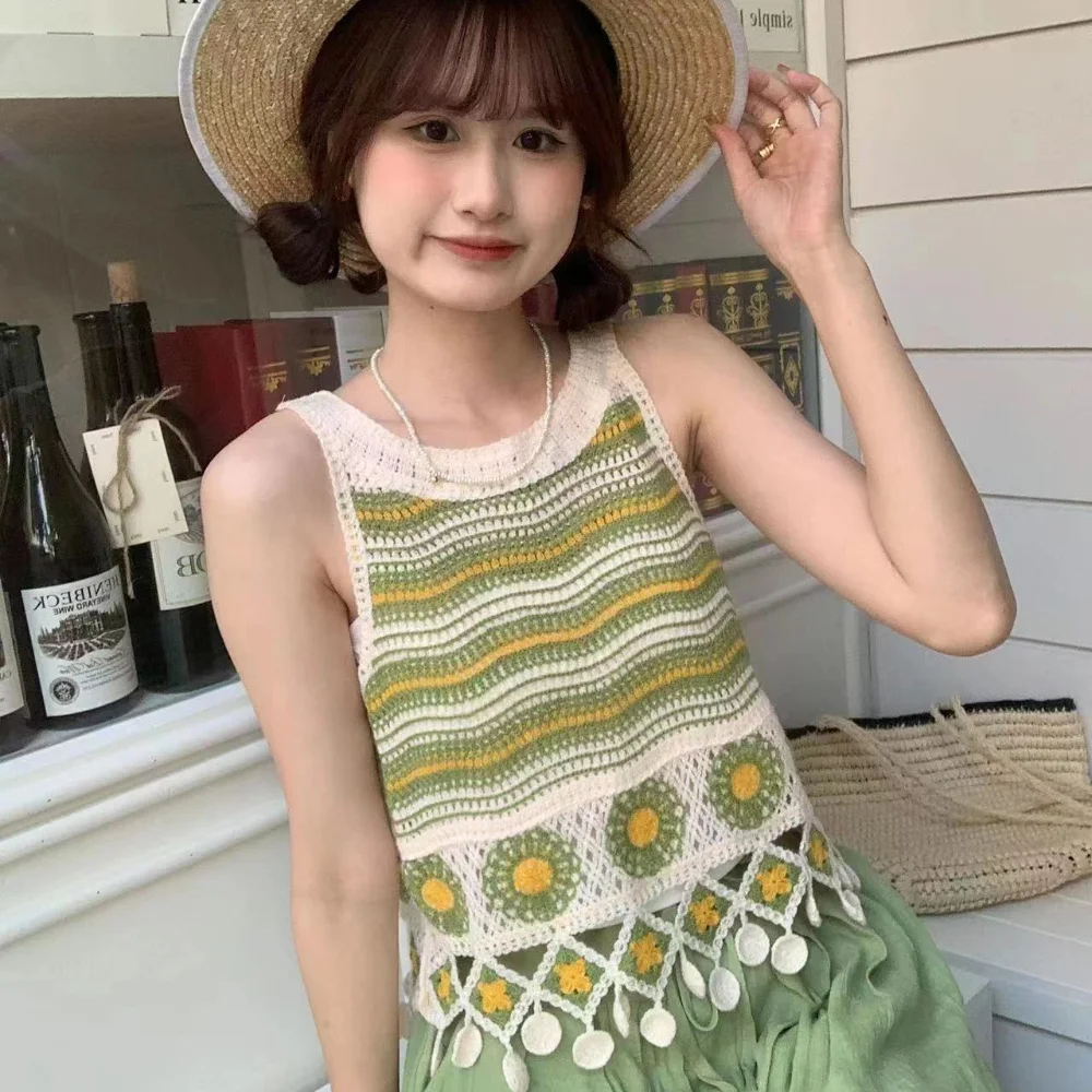 أعلى خزان قطني مخطط ، سترة صغيرة مجوفة كلاسيكية ، شرابة على الطراز الوطني ، أكمام قصيرة ، الصيف #5