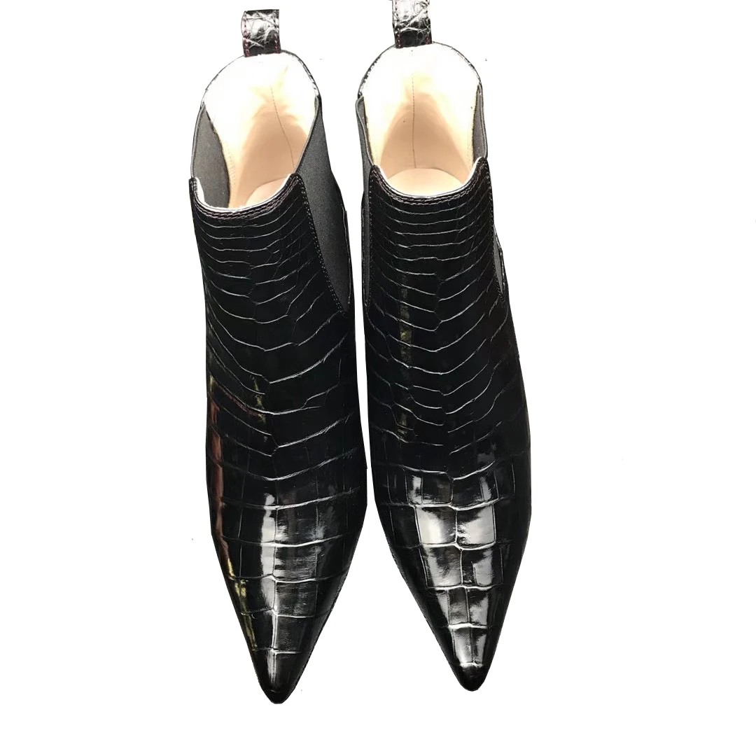 

Yingshang/Новые женские туфли из крокодиловой кожи, женские туфли на высоком каблуке, черные короткие сапоги с острым концом