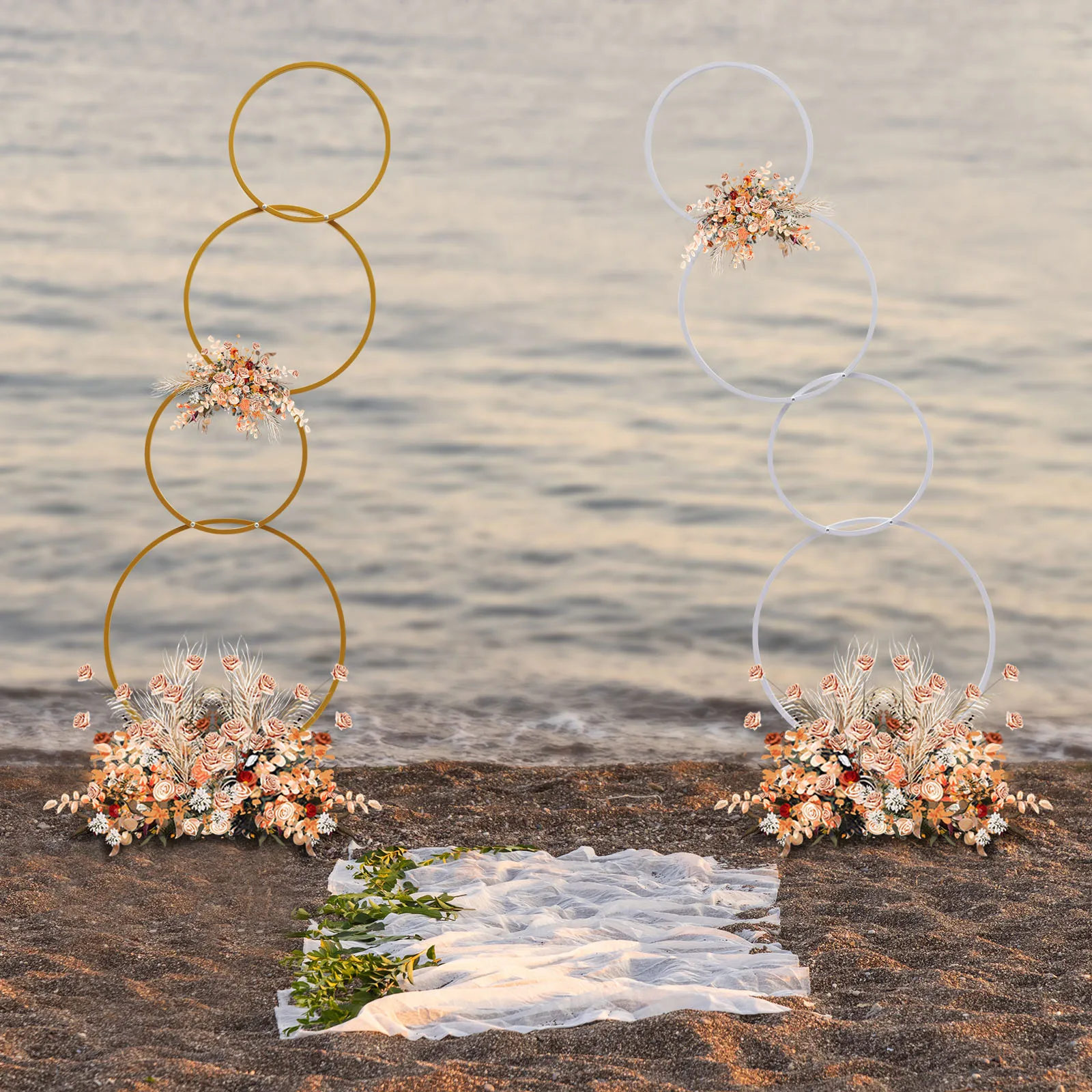 Wedding Round Hoop Backdrop Stand, Detachable 4 Tier Gold/White Metal Flower Arch Frame for Photo Booth Background