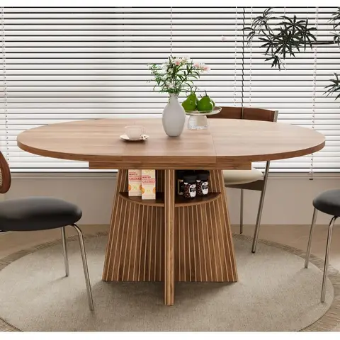 Runt, utdragbart matbord, 102-143 cm, plats för 4-8 personer, modernt ovalt köksbord med räfflad bas 8 best sales expanderbart bord - №3