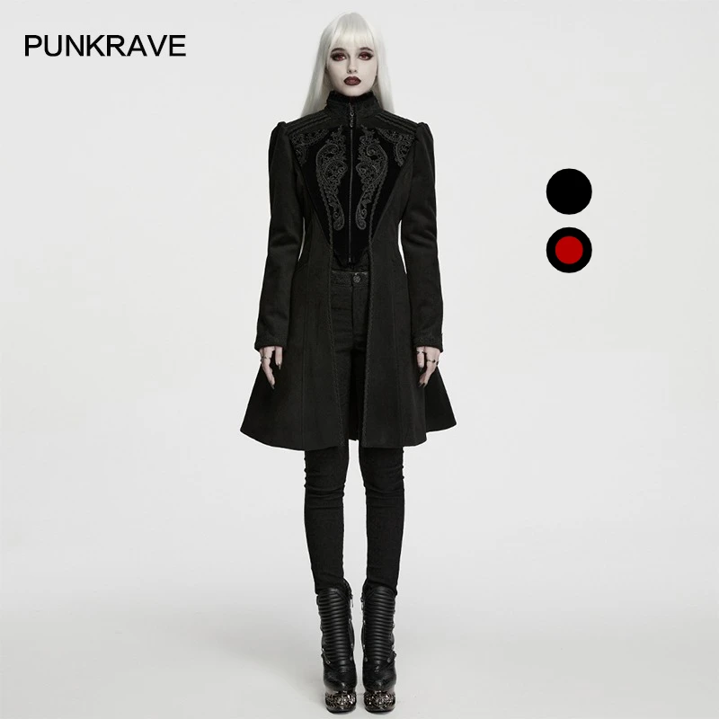 PUNK RAVE Women's Gothic Vintage Court Applique Warm Thick Wool & Flat Velvet Coat A-line Vintage Elegant Party Long Outwear