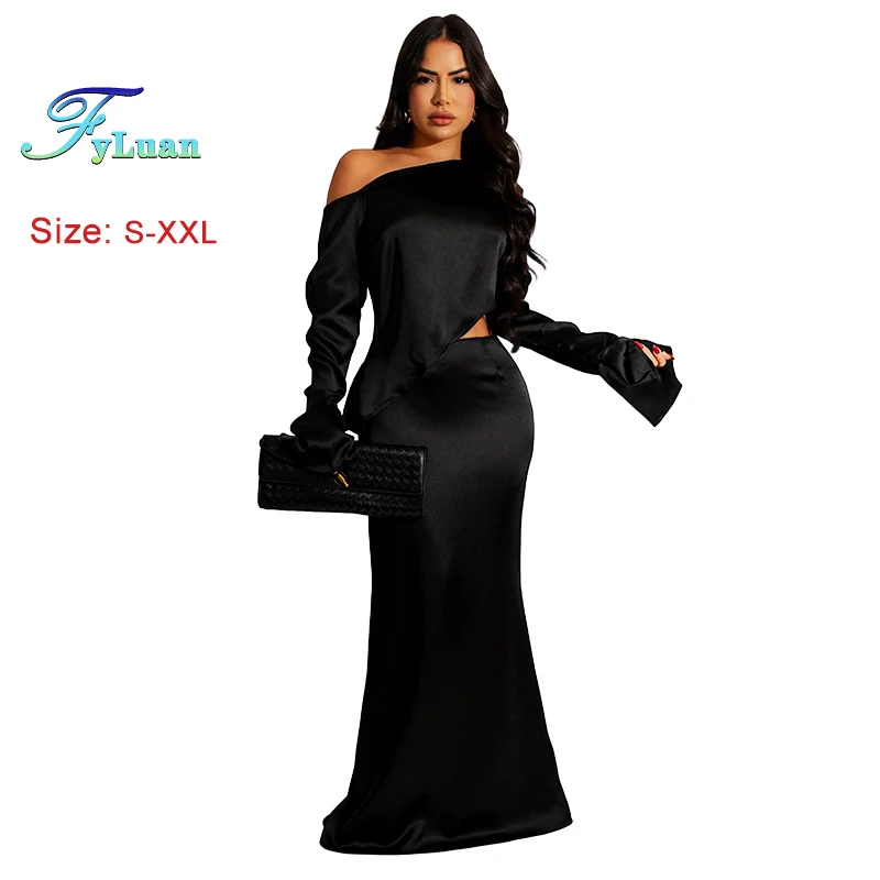 Nuovo elegante abito in due pezzi in raso tinta unita set da donna svasato manica lunga spalla obliqua top e gonne lunghe a sirena da sera
