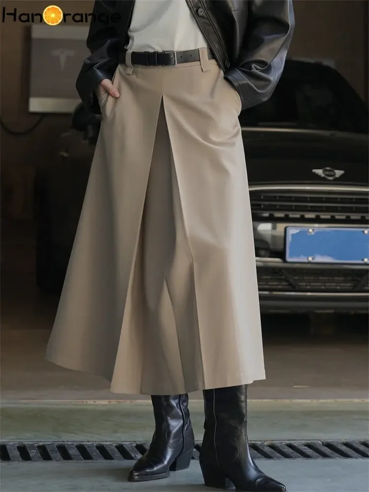 

HanOrange 2024 Autumn Vintage High Waist Midi Skirt Pleated A-line Loose Umbrella Skirt Black/Khaki