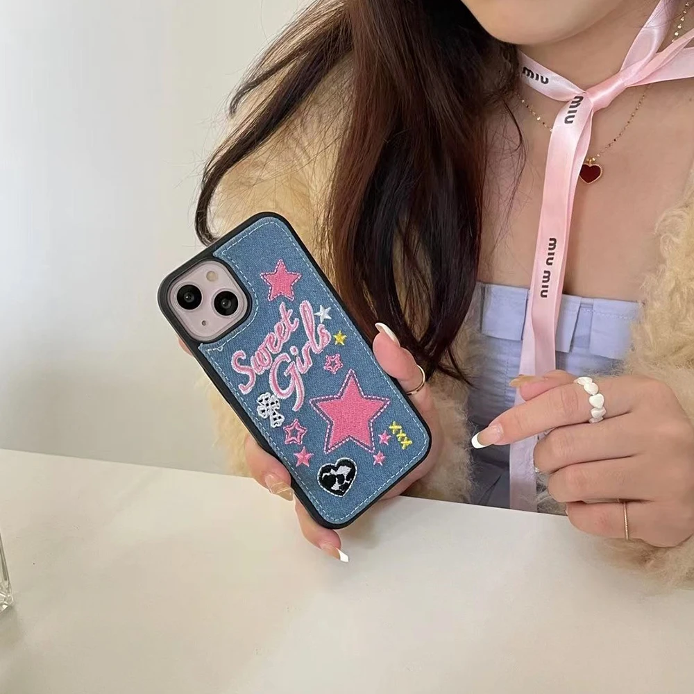 For IPhone 14 Pro Y2k INS Creative Korean Spicy Girls Denim Embroidery Fashion Phone Case for IPhone 14 13 11 12 Pro Cover