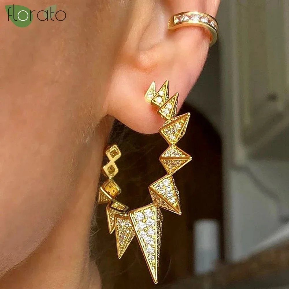 925 Sterling Silver Needle Fashion Punk Style Rivet Gold Color Big Earrings 2024 New Crystals Hoop Earrings for Women Jewelry
