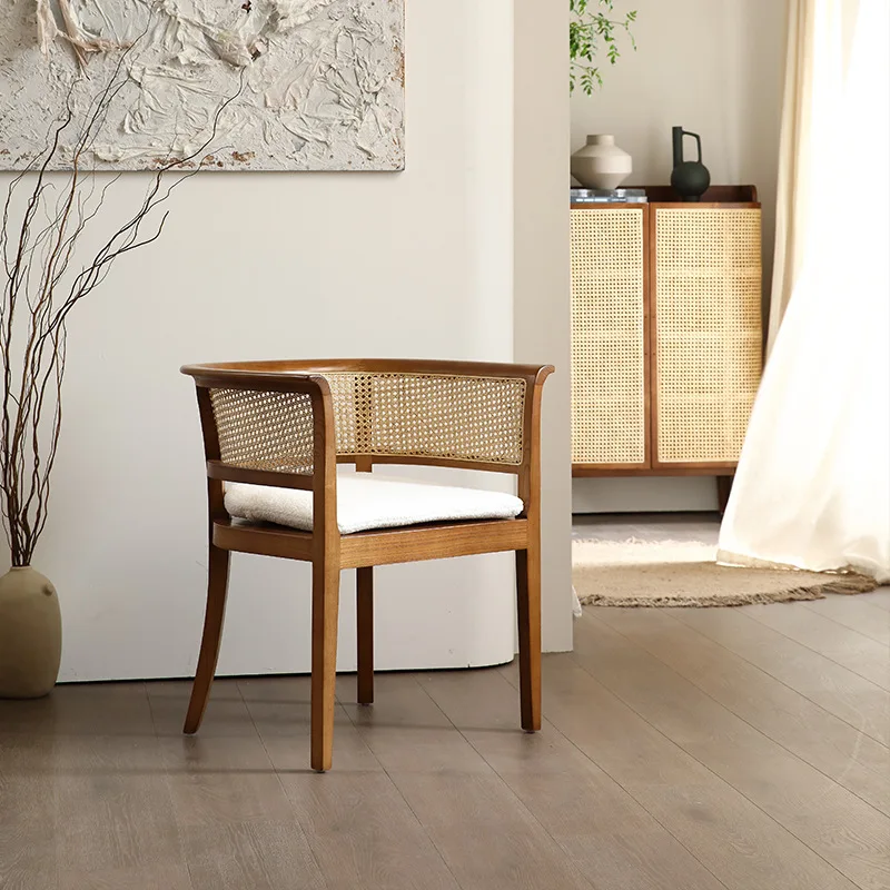 

Retro solid wood dining chair light luxury cafe hotel backrest rattan table and chair combination modern medieval leisure
