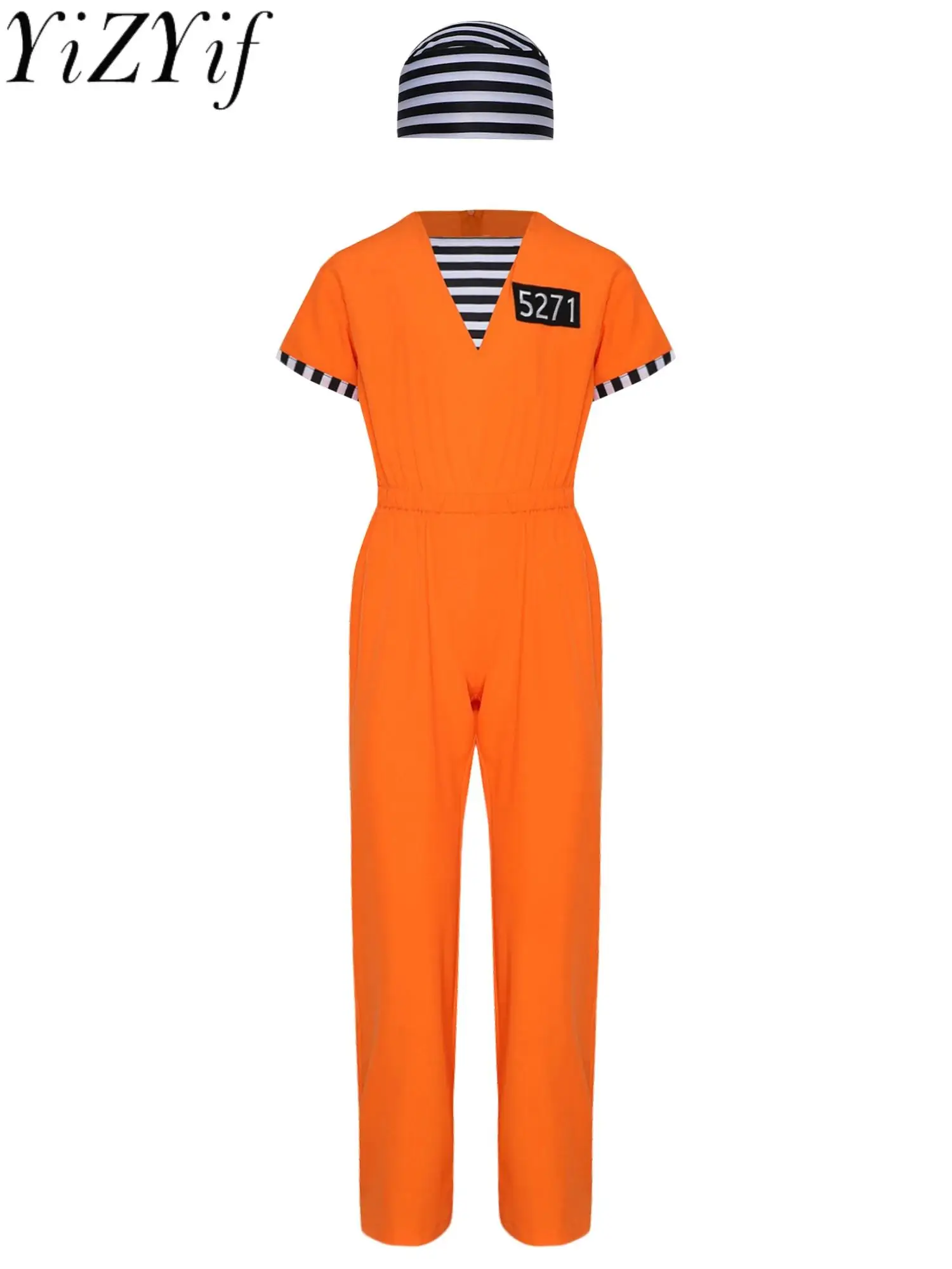 

Prisoner Costume Boys Girls Stripes Jumpsuit with Hat Halloween Party Jailbird Jail Prisoner Uniforms Themed Party Costume