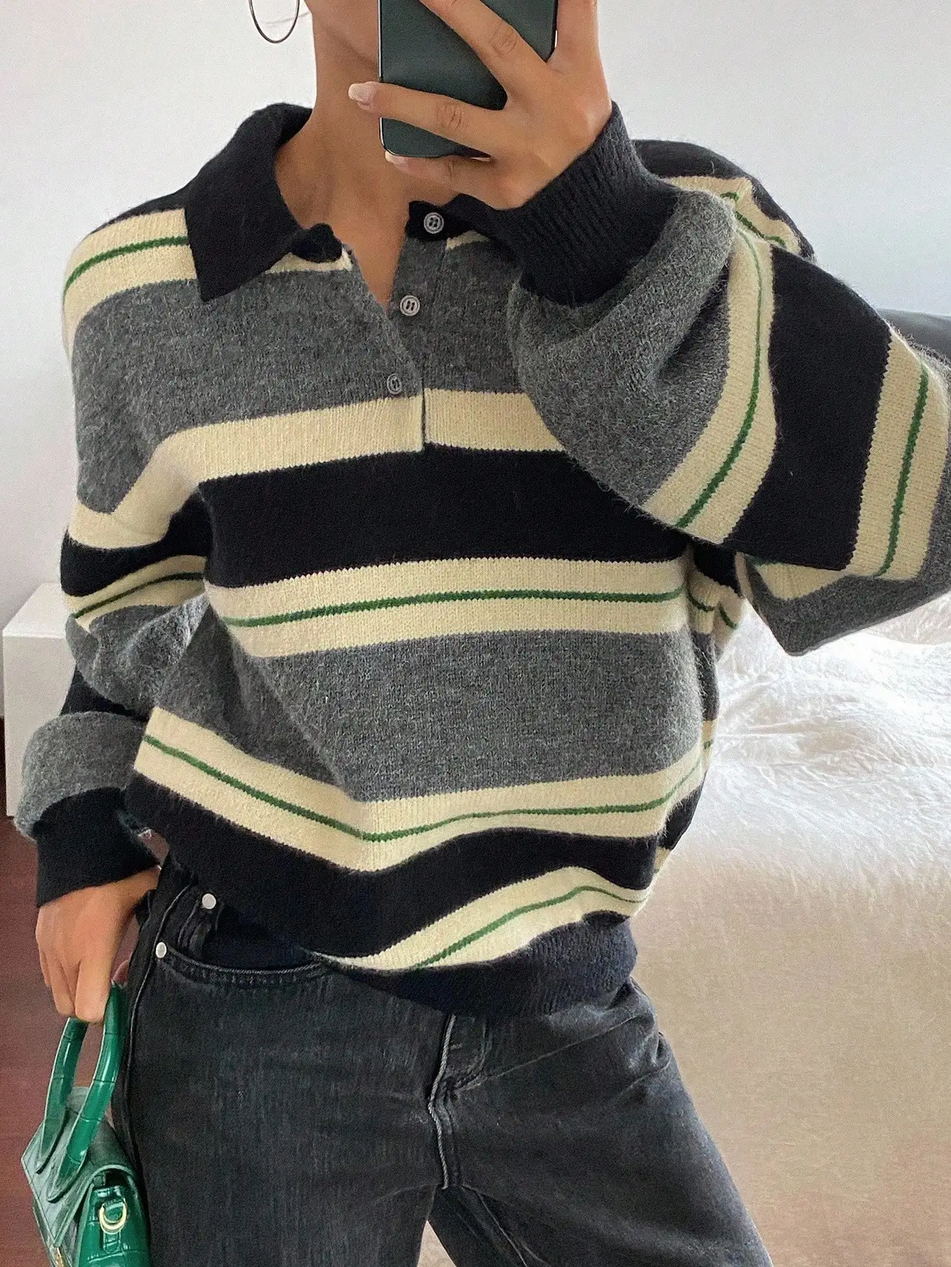 

Women's Casual Striped Polo Neck Knit Sweater, Autumn Fall Long Sleeve Pullover
