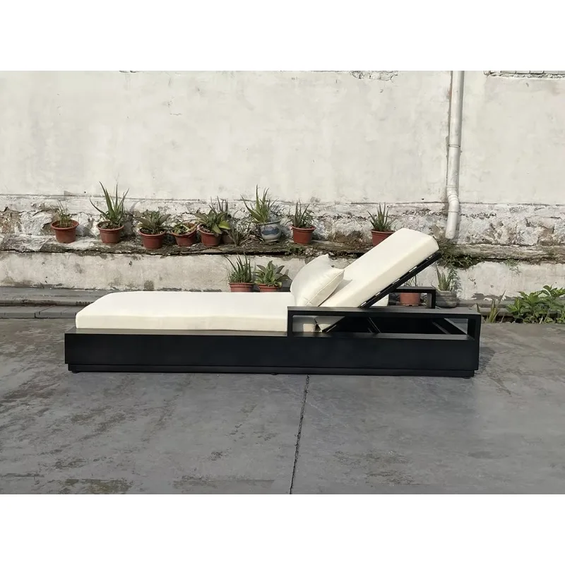 كراسي استلقاء خارجية فاخرة من الألومنيوم، كراسي استلقاء جانبية لحمام السباحة، مسند ذراع عريض معدني #5