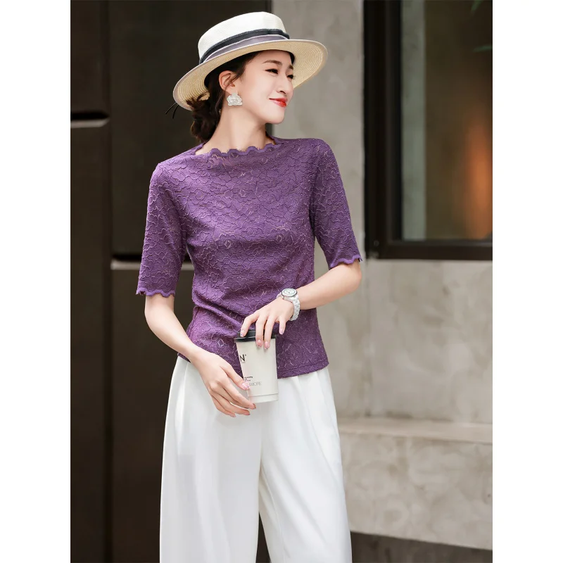 

MEXCOCO 2026 Summer French Style Hollow Lace Blouse Women Slim Short Sleeve Elegant Office Lady Tops