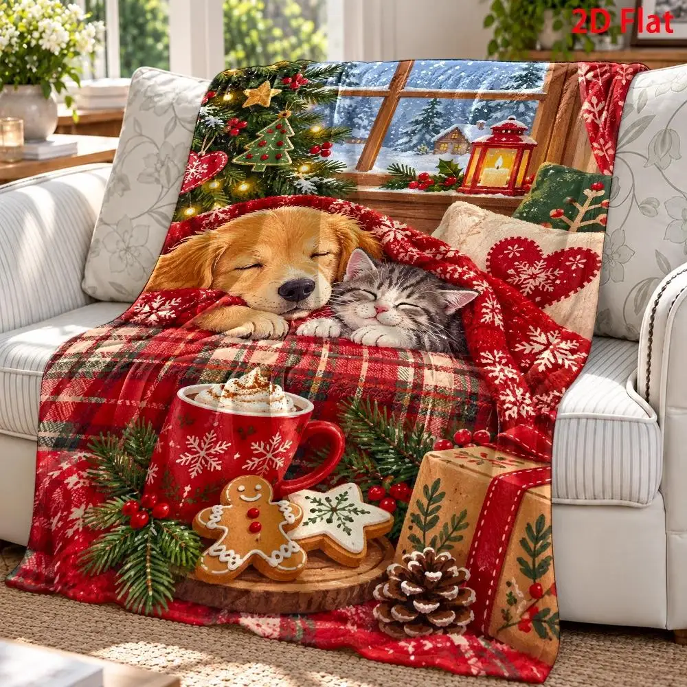 1pc 2D Flat DIY Coloring Throw Blanket, Sleeping Golden Retriever Snowflake Line Art, Watercolor Christmas Tree with Red White