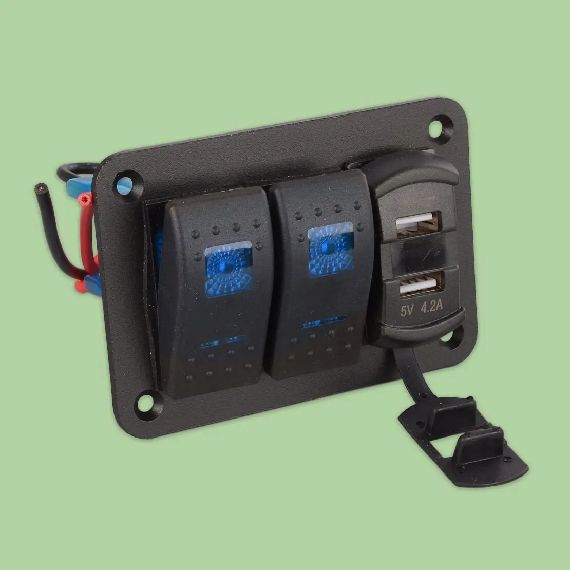 2 Gang Rocker ON-OFF Toggle Switch Panel with Voltmeter Dual Charger USB Port Blue LED Fit for RV Car Truck Marine Boat