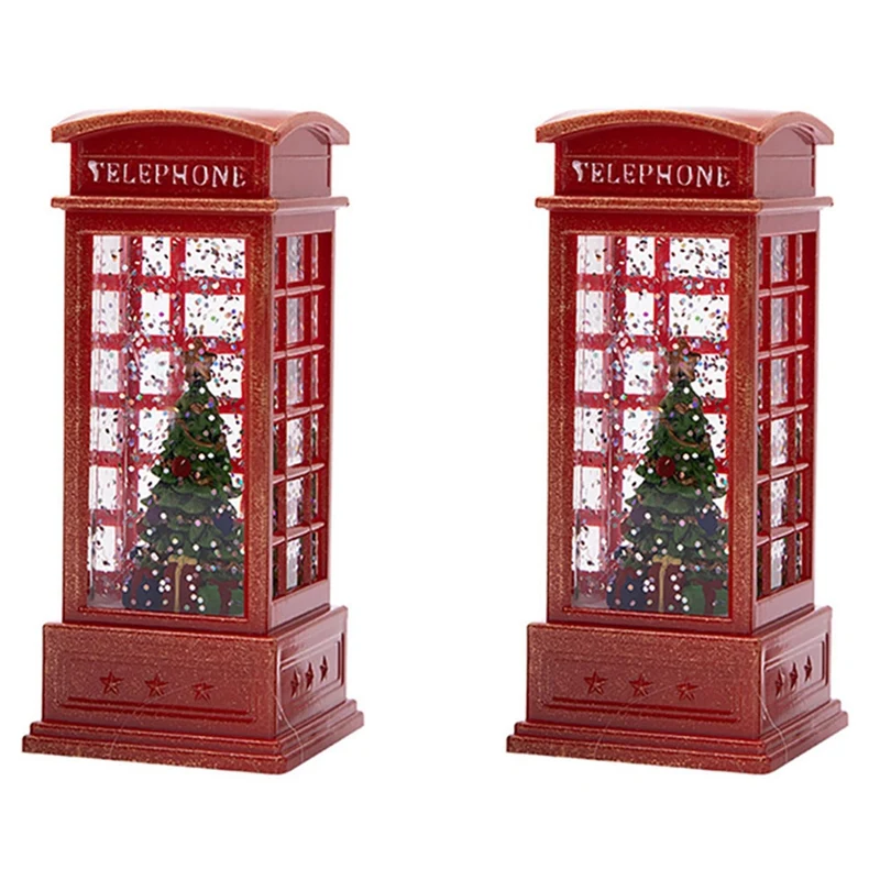 

2X Christmas Lantern Snow Globe Lantern Christmas Water Glittering Snow Telephone Booth For Festival For Kids, Tree