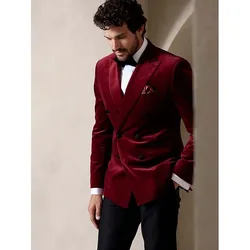 Red Velvet Double Breasted Men Suits High Quality Fashion 2 Piece Jacket Pants Elegant Groom 2024 Wedding Slim Fit Outfits