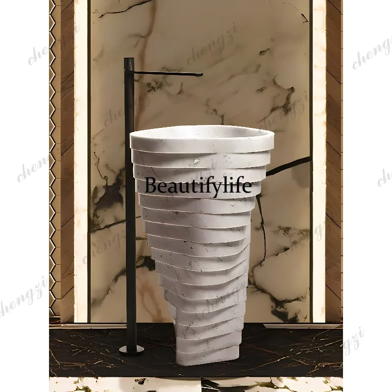 Customized column basin Floor-to-ceiling bathroom Natural marble Spiral integrated molding Art rough stone basin