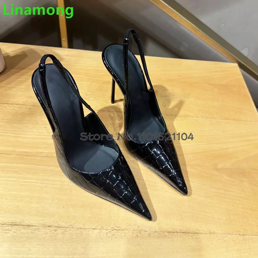 Black Stone Pattern Thin High Heel Pumps For Female Women 2024 Runway New Pointed Toe Slingback Slip-on Shallow Leather Shoes