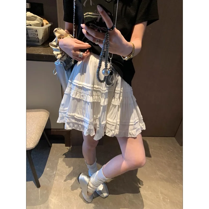 

Sweet Korean Style Lace Loose Short Skirt White Tiered Ruffled Mini Skirt Elastic Waist Cute Casual Summer Skirt For Women EHAB